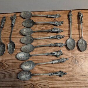 Franklin Mint A Christmas Carol Pewter Souvenir Spoons 12 Pc Charles Dickens VTG